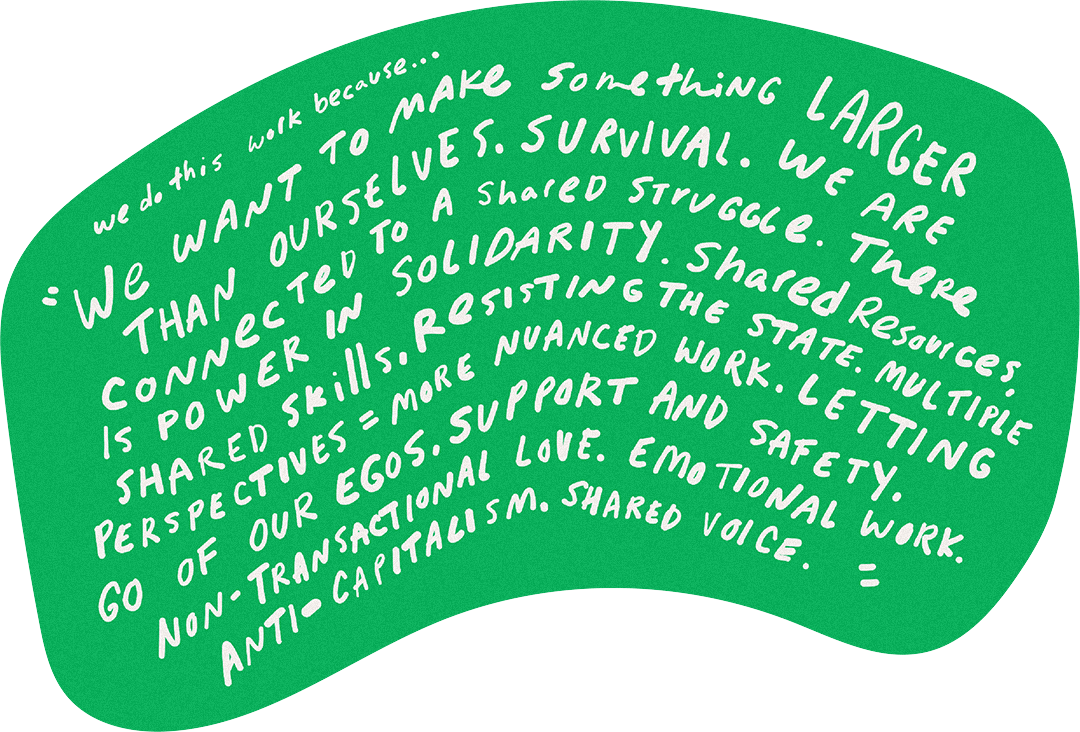 White handwritten text on top of a green background that forms an organic rectangular shape. The handwritten text reads, We do this work because… We want to make something larger than ourselves. Sometimes you need people to hold you. Survival. We feel connected to a shared struggle. We challenge ourselves and others to learn and grow. There is power in solidarity. Collective work means shared resources and skills. We are working to create utopian experiential educational structures. It’s nourishing to work with others. Knowing how to work cooperatively is a basic building block for resisting the state. Non-transactional love, emotional work, anti-capitalism. Personal growth. Support and safety. Multiple perspectives enable more nuanced work. We need to address urgent problems together. In order to reflect on yourself, you need to know yourself in the context of others. Letting go of our egos. It’s fun to socialize with a purpose. Shared voice. Sharing privilege and sharing power.