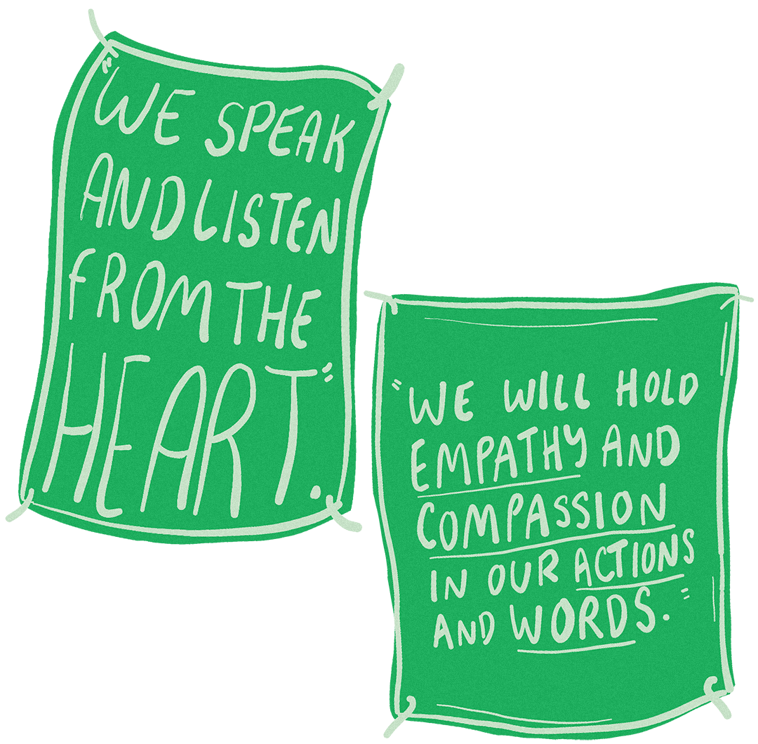 An illustration of two green banners, each showing white handwritten text in all caps, appear side by side. The first banner exclaims, We hold empathy and compassion in our actions and words, and the second, We speak and listen from the heart.