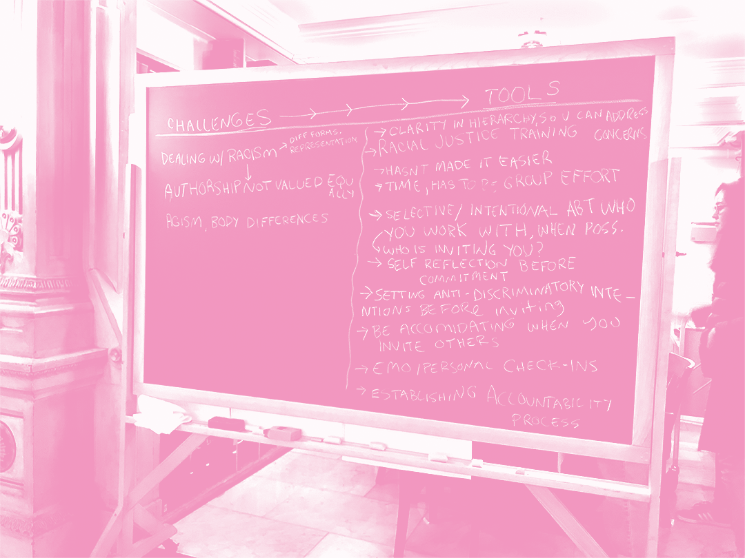 A two-tone green and white photograph of a chalkboard appears at an angle. There are two handwritten columns on  the chalkboard. The left column has the title Challenges, and the right column has the title Tool swith an arrow between them moving from left to right. The left column has handwritten notes that say, Dealing with Racism. → Authorship not valued equally and Ageism, Body Differences. The right column has  handwritten notes that say, Clarity in hierarchies so you can address concerns, Racial justice training, Hasn’t made it easier, Time, has to be a group effort, Selective / Intentional about who you work with, Self-reflection before commitment, “Setting anti-discriminatory intentions before inviting, Be accommodating when you invite others,Emo/personal check ins, and Establishing accountability process.